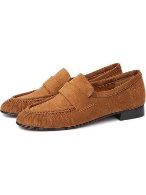 Women's Taupe Suede Leather Penny Loafers Pleated Slip On Casual Flat Shoes